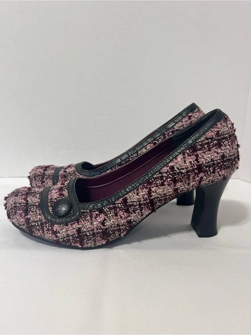 Vintage Mudd Y2K Rockabilly Goth Pink Tweed Mid Heel Pumps Retro Heels Size 9